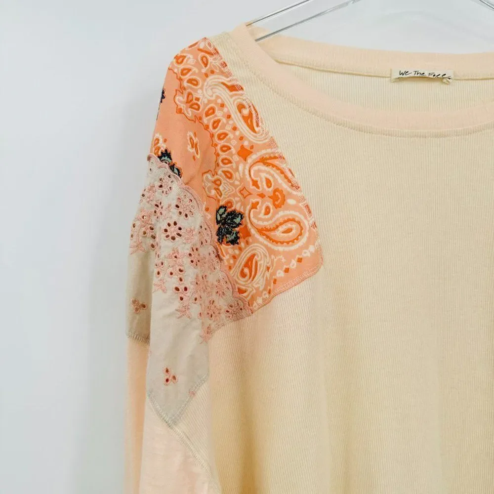 Free People Size Medium Slouchy Oversized Feelin It Patchwork Embroidered Shirt